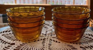 Vintage Set Of 8 Pyrex Amber 6 Oz Custard Dishes 463 Scalloped Edge 3 Rings