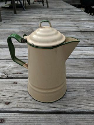 Vintage Large 10 " Green And Tan Enamel Coffee Pot Kettle Hinged Lid