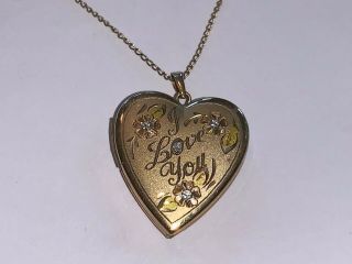 Vintage 12kt Gf Heart Locket Pendant & 12kt Gf 18.  5” Necklace I Love You Crystal