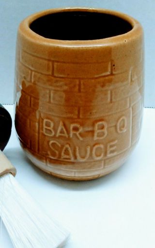 Vintage Ceramic & Wood BBQ Barbecue Sauce Jar Pot with Brush in Handle 6 