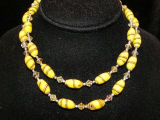 Vintage Yellow Art Glass Smooth Oval Bead 28 " Necklace Bicone Crystal Spacers