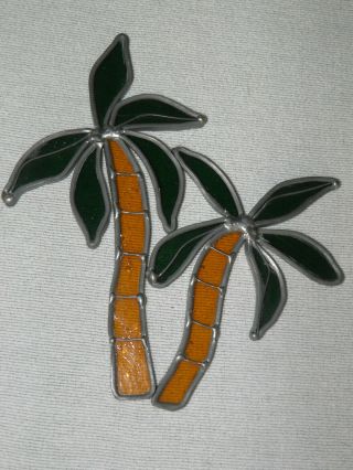 Vtg.  Stained Leaded Art Glass Double Palm Tree Suncatcher Window Garden Decor