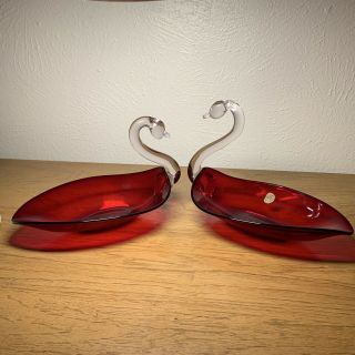 2 Vintage Duncan Miller Pall Mall Cranberry Red Ruby Swan Candy Dishes Glass