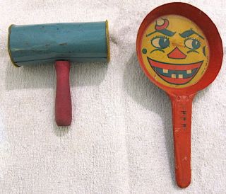 Vintage 1930s - 1940s Tin Noise Makers.  Rattle,  Clapper For Year 