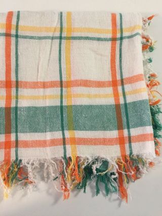 Vintage Green Orange Yellow Plaid Stripe Fringed Border Linen Tablecloth 48x48”