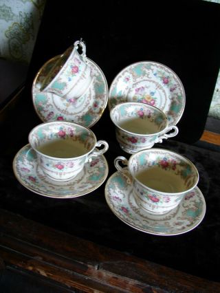 4 Vintage Old Ivory Syracuse China Romance Green Cups & Saucers