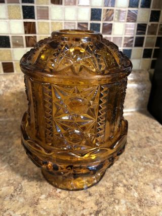 Vintage Indiana Glass Amber Stars & Bars Fairy Lamp Votive Candle Holder Light