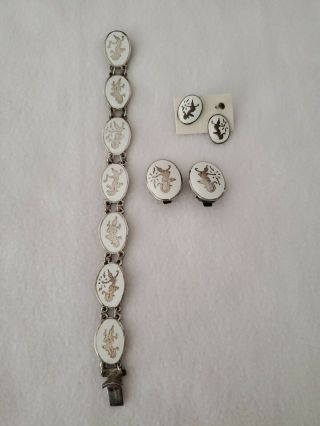 Vintage Siam Sterling Silver White Niello Bracelet,  Clip And Post Earrings