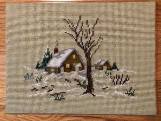 Vintage Finished Needlepoint Picture Cabin In The Snow