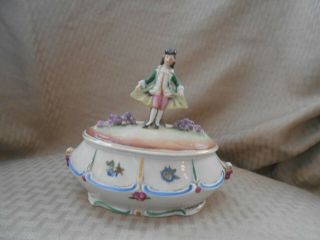 Vintage German Porcelain Trinket Box With Courting Gentleman & Flowers