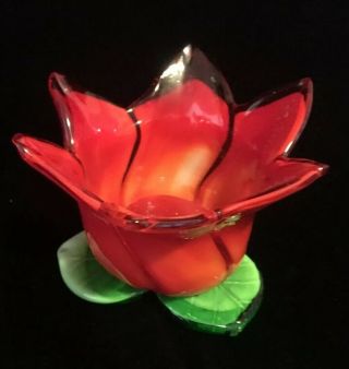 Vtg Blown Art Glass Flower Tulip Votive Candle Holder - Red And Green Pretty 3”