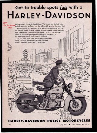 1955 Harley Davidson " Get To Trouble Spots " Police Motorcycle Vintage Print Ad
