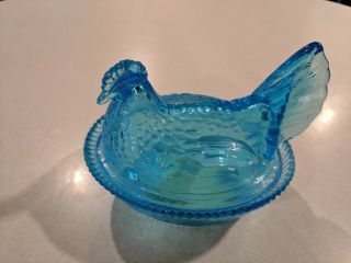 Vintage Blue Depression Glass Chicken Hen Nest Covered Candy Dish