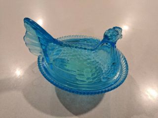 Vintage Blue Depression Glass Chicken Hen Nest Covered Candy Dish 2