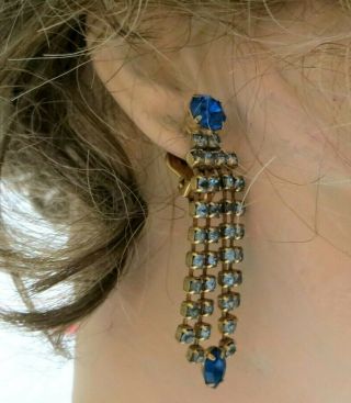 Vintage Art Deco Sapphire And Light Blue Rhinestone Drop Earrings Clip On 2 1/4 "