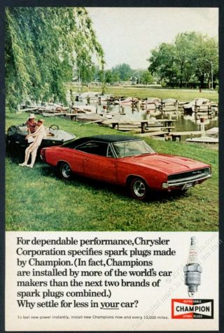 1968 Dodge Charger Rt R/t Red Car Photo Champion Spark Plugs Vintage Print Ad