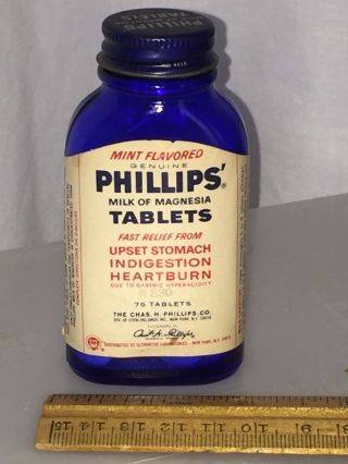 Phillips Milk Of Magnesia Vintage Cobalt Blue Glass Medicine Bottle W/ Tablets