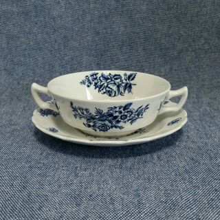 Booths Vintage Peony Cream Soup Bowl W/ Underplate A8021 Blue White Floral