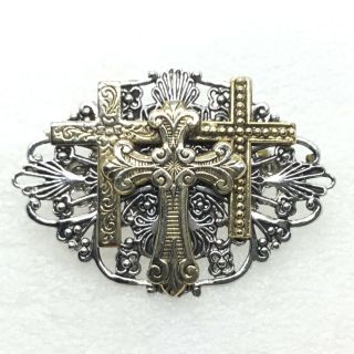 Signed Jane Aol 1997 Vintage Cross Trio Brooch Pin Two Tone Religious Jewelry