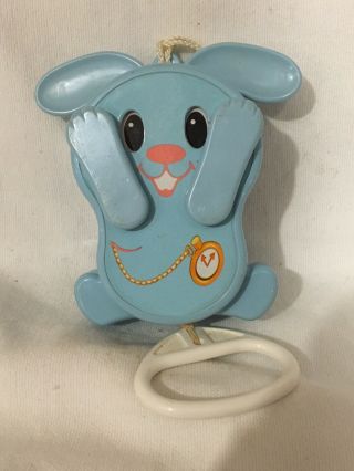 Tomy Musical Bunny Peek - A - Boo Vintage 1980 Pull String Baby Crib Toy Blue Rabbit