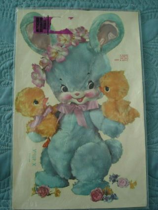 Lg Vintage Meyercord Decal Blue Bunny W/baby Ducks X411 - A