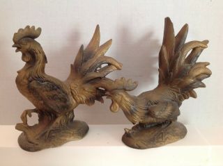 Vintage Pair Rooster Hen Chicken Porcelain Ceramic Figurines Golden Black