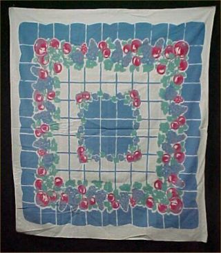 Vintage Tablecloth Printed Cotton Cherries Flowers Foliage 1940s 44x50 "