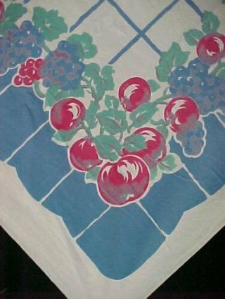 Vintage Tablecloth Printed Cotton Cherries Flowers Foliage 1940s 44x50 