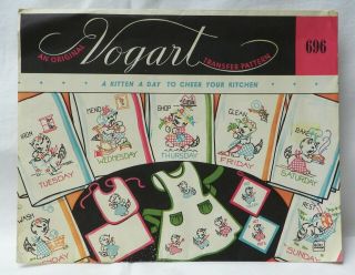 Vintage Vogart Embroidery Transfer Patterns 696 A Kitten A Day Cat Theme