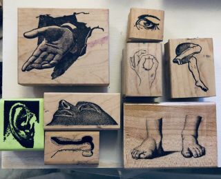 8 Vintage Rubber Stamps : Parts Of People: Hands,  Ears,  Hands,  Nose,  Eye,  Feet