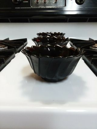 3 Vintage Black Depression Amythest Glass Leaf Textured Bowl Scalloped Flower