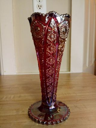 Old Vintage 8 " Imperial Red Carnival Glass Fluted Vase Hobstar Design Ig Logo