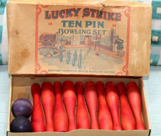 Vintage Lucky Strike Ten Pin Bowling Set Box Wooden Pins & Balls