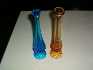 2 Vintage Fenton Bud Vases One Blue One Amber 9 In.  Tall