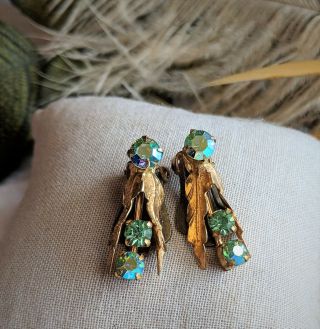 Vintage Austria Gold Leaves Iridescent Green Rhinestone Clip On Earrings
