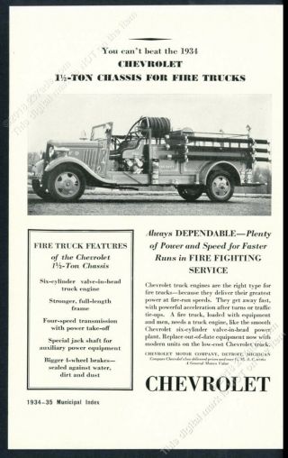 1934 Chevrolet Fire Engine Truck Photo Vintage Trade Print Ad