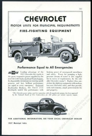 1937 Chevrolet Fire Engine Truck Fire Chief Car Photo Vintage Trade Print Ad
