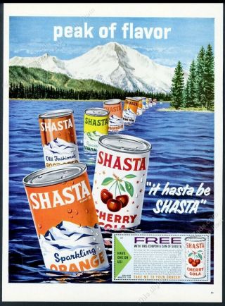 1961 Shasta Cherry Cola Root Beer Orange Cans Across Lake Art Vintage Print Ad