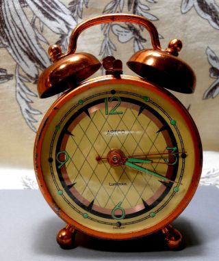 Vintage Mcm Artco Copper Finish Windup Alarm Clock With Luminous Dial Germany