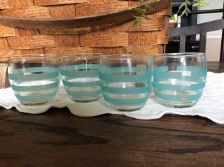 Vintage Mid Century,  Turquoise Stripe,  Set Of 4,  Juice Glasses