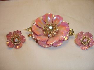 Vintage Coro Pink Enamel Ab Rhinestones Flower Brooch Earrings Set