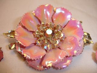 Vintage Coro Pink Enamel AB Rhinestones Flower Brooch Earrings Set 2