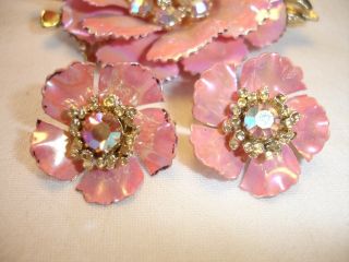 Vintage Coro Pink Enamel AB Rhinestones Flower Brooch Earrings Set 3