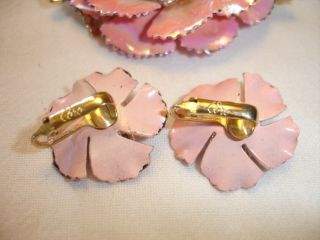 Vintage Coro Pink Enamel AB Rhinestones Flower Brooch Earrings Set 4