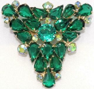Stunning Huge 2 3/8 " Vtg Juliana Style Emerald Ab Glass Rhinestone Brooch Kt42
