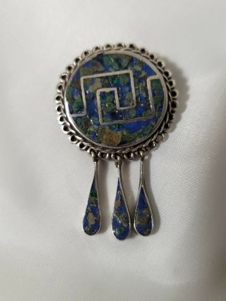 Vintage Taxco Mexico Sterling Silver Pin/pendant With Inlaid Stones