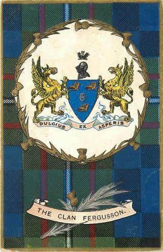 Vintage Postcard; Clan Fergusson,  Motto Crest Shield & Tartan,  Heraldic Series