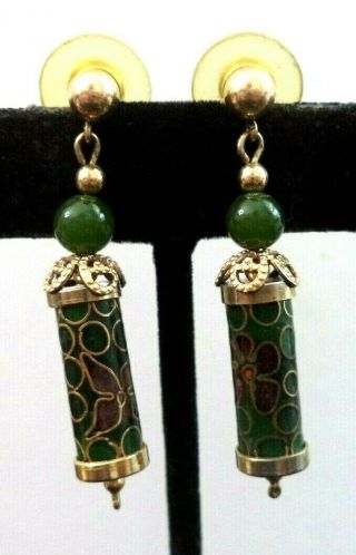 Stunning Vintage Estate Asian Jade Enameled Butterfly 1 5/8 " Post Earrings 5430l