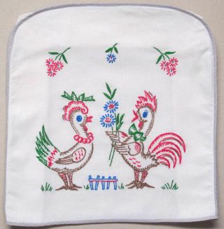 Vtg Courting Chickens Hand Embroidered Cotton Mixer Appliance Cover