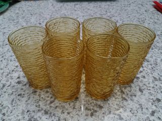 6 Vintage Amber Bumpy Drinking Glasses / Tumblers Yellow 5 " Tall / 12 Ounce